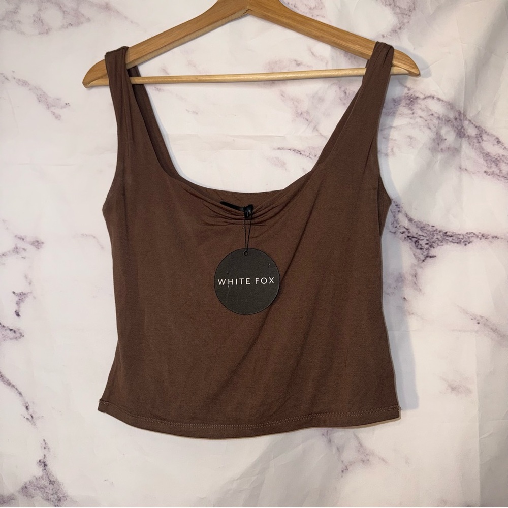 White Fox Boutique Taking Off Top Mocha Brown Ruched Tank Top